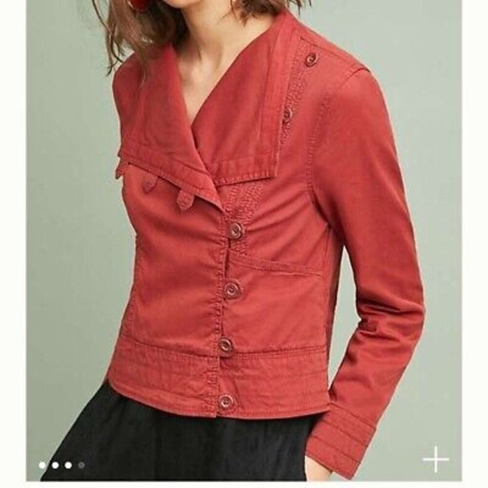 Anthropologie Marrakech Henna Moto khaki jean Jacket Burnt Orange large Button